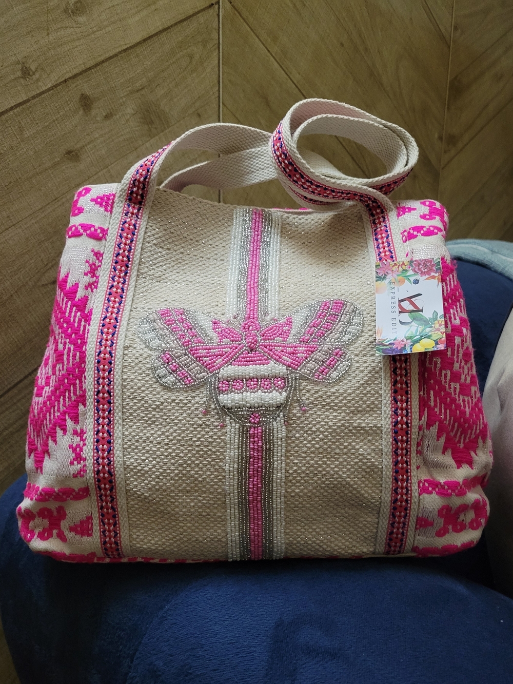 America & Beyond Express Edit Beaded Bee Woven Tote Bag